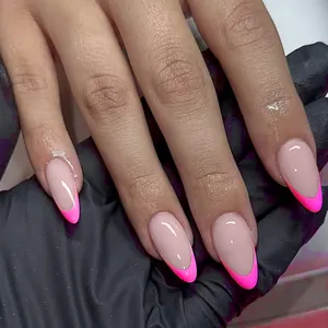 Short glossy French press-on nails with rose red tips and almond shape style
