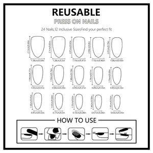 Detailed sizing chart and application guide for reusable almond press-on nails