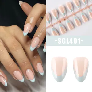 French medium almond press-on nails with nude base and light blue tips model SGL401