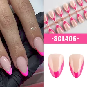 Short glossy French press-on nails with rose red tips in almond shape set 30pcs