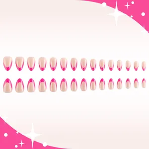 Glossy short French press-on nails with rose pink tips on 24 pieces of oval nail tips
