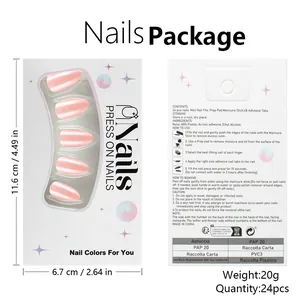 Pink almond press-on nails set with size dimensions and essential application tools