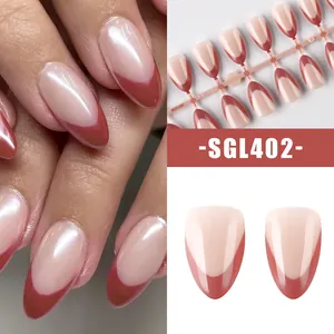 French almond press-on nails with pearlescent pink base and mauve tips, 30 pieces set