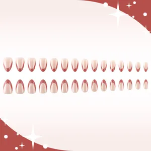 French almond press-on nails with wine red tips and nude base for elegant daily wear