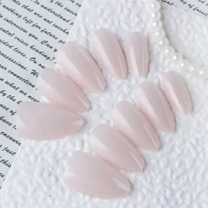 Almond-shaped cat eye press-on nails in iridescent pearly white with subtle silver glitter
