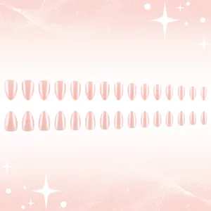 Glossy pearlescent pink almond shaped press-on nails set with 30 pieces for women