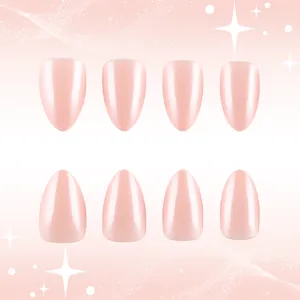 Detail of almond-shaped pearlescent pink press-on nails with a soft shimmering finish