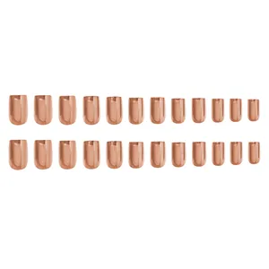 Detail view of 24 rose gold mirror metallic press-on nails in various sizes on white background