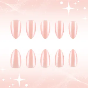 Detailed view of pink shimmer almond press-on nails in a professional 10-piece set display