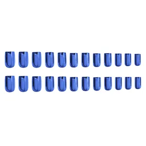 Close-up of 24pcs blue mirror metallic finish press-on nails in short oval shape