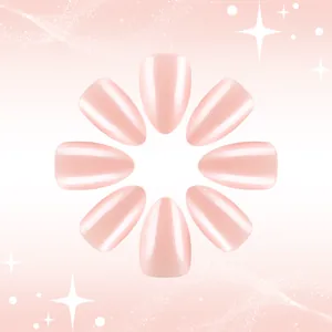 Glossy pearl pink almond press-on nails set shown in a radial layout for women