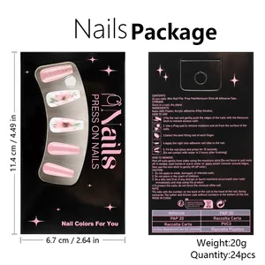 Détails de l'emballage d'ongles adhésifs à fleurs roses et instructions d'usage
