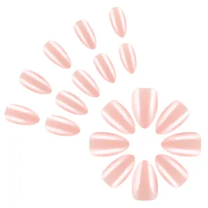 Glossy pearlescent pink almond press-on nails set with 30 pieces on white background