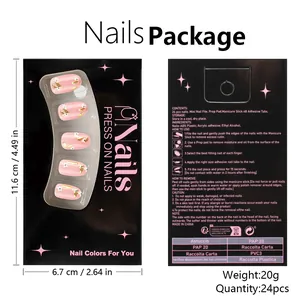 Detailed packaging of 24pcs pink floral press on nails with tools and instructions