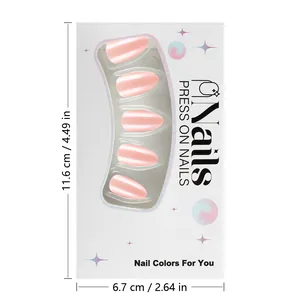 Pink pearlescent almond press-on nails set with size measurements in 11.6x6.7cm packaging