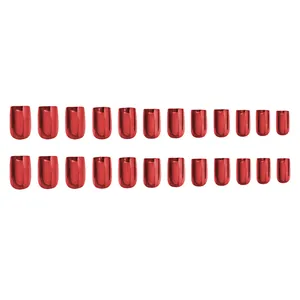 Macro shot of 24 pieces of glossy metallic red press-on nails with mirror finish