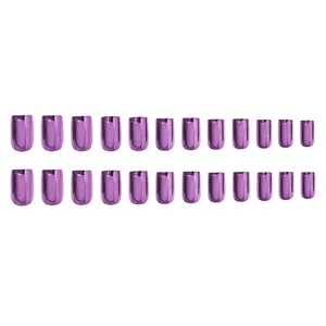 Macro detail of 24 pieces metallic purple short round press-on nails with mirror finish