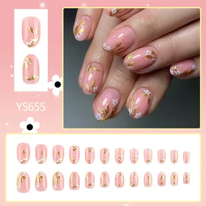 Short oval golden leaf glossy press-on nails with sweet pink finish 24pcs set