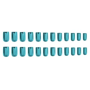 Flat lay of 24 pieces of short oval metallic cyan blue chrome press-on false nails