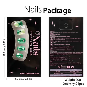 Glossy green press-on nails set with floral design, tool kit, and packaging details