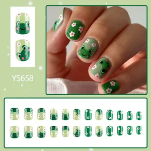 Short glossy press-on nails with green frog and flower designs, 24-piece manicure set