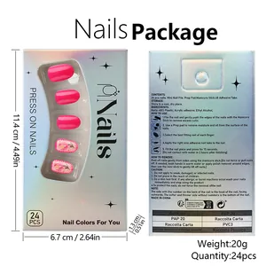Detailed view of pink floral press-on nails packaging including dimensions and usage guide