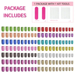 24Pcs metallic mirror press-on nails set in 12 vibrant colors with basic manicure tools
