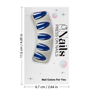 Detailed size measurement chart for dark blue cat eye press-on nails in almond shape