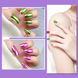 Metallic chrome press-on nails in green, purple, and blue with long square shapes