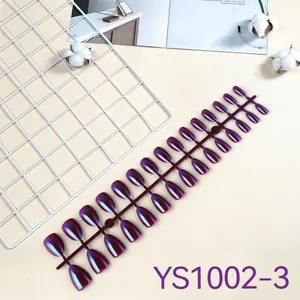 Long purple holographic electroplated press-on nails with metallic finish on a 24-piece set
