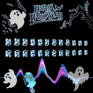 Halloween neon ghost press-on nails in black with luminous blue spirits and oval shape