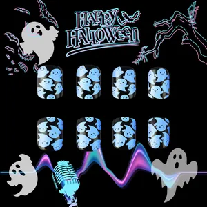 Short oval Halloween press-on nails featuring blue glowing ghosts and black neon bat art