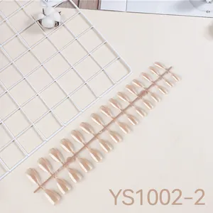 Nude beige coffin press-on nails with shiny mirror chrome finish for women's manicure