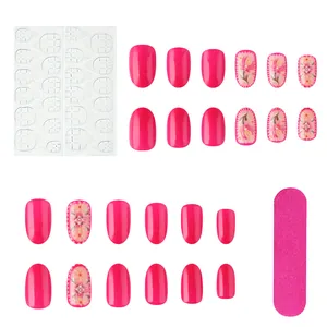 Detailed set of 24 pink press-on nails with 3D flower embossing and tool kit included