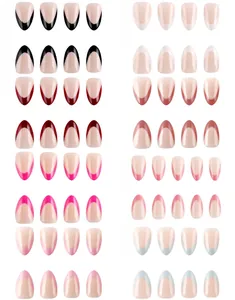 Collection of short French almond press-on nails in black, burgundy, and pastel colors