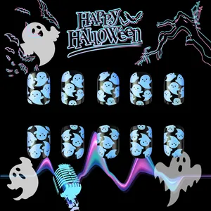 Detail of neon ghost patterns on black glossy press-on nails for Halloween theme