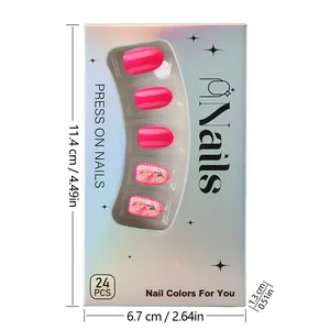 Close-up of pink press-on nails with embossed flowers and laser holographic packaging