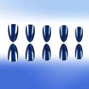 Detailed view of glossy dark blue cat-eye magnetic almond press-on nails with fine shimmer