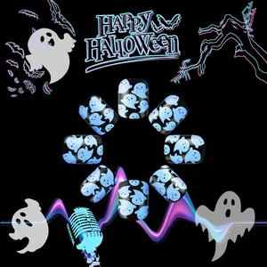 Glow-in-the-dark Halloween press-on nails with blue ghost patterns and neon dark style
