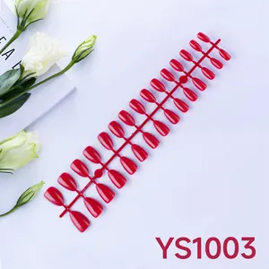 Glossy red almond-shaped press-on nails set of 24 pieces on a display stand