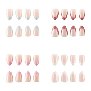 French short almond press-on nails in 4 colors featuring light blue, red, pink and white tips