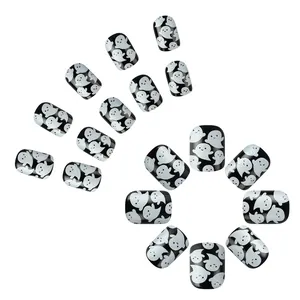 Halloween ghost glowing press-on nails in short square shape with black and white theme