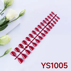 Glossy deep red almond press-on nails set with 24 pieces on a rack model YS1005