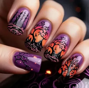 Halloween 3D Relief Press On Nails Mystery Forest Purple Orange Gradient Pumpkin Dead Tree Pattern Glossy Long Square Nails