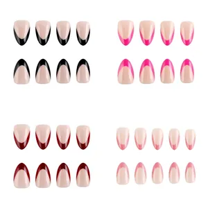 Glossy almond-shaped French manicure press-on nails in four vibrant colors
