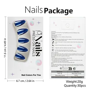 Detail view of dark blue cat-eye press-on nails set with tools and packaging dimension