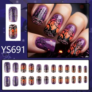 Halloween purple forest press-on nails set with spooky relief patterns and glossy finish
