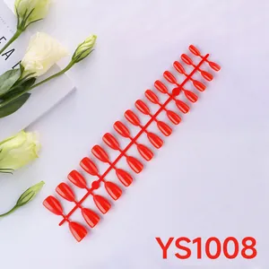 Detail view of 24 pieces glossy red almond press-on nails set on a white background