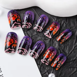 Halloween press-on nails set with purple gradient forest and moon silhouettes