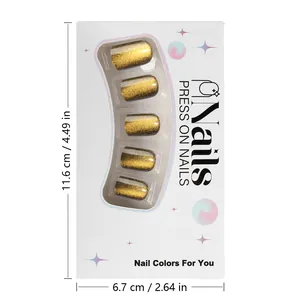 Detailed packaging view showing short square golden cat eye press on nails with dimensions